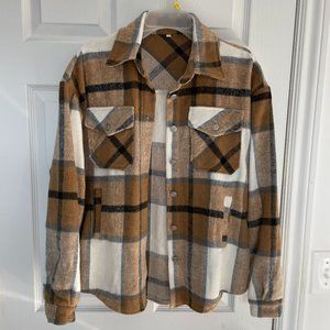 LIKE NEW Women's Tanming Flannel Plaid Shacket Brown/Black/White Size Small